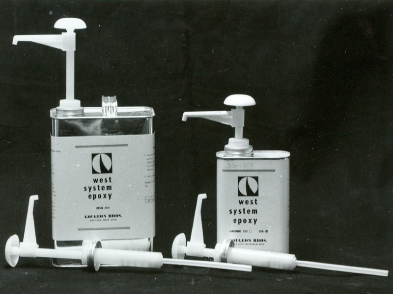 Vintage cans of WEST SYSTEM Epoxy from the early 1970s.