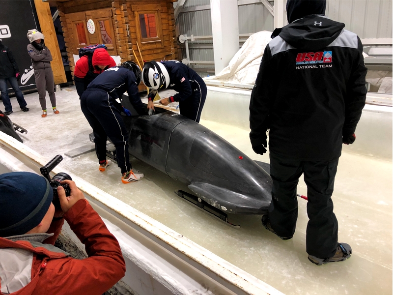 The USA Bobsled team preps their sled for a 2020 competition.